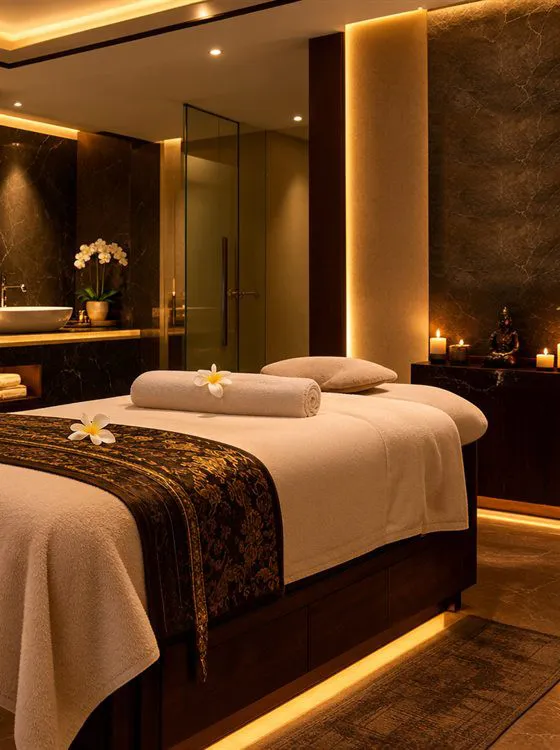 A made-up massage table beside the EropSpa wall sign