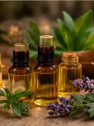 Amber bottles of essential oil with lavender and fresh leaves on the aromatherapy bar