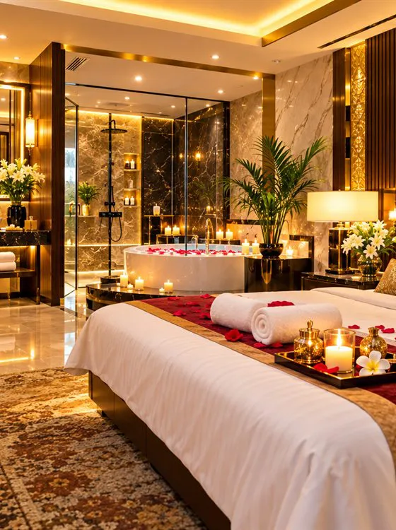 A marble-floored suite with a made-up bed, rolled towels and candles