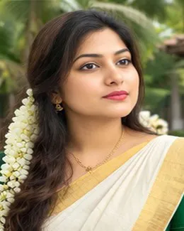Sneha in a cream saree with a long jasmine garland