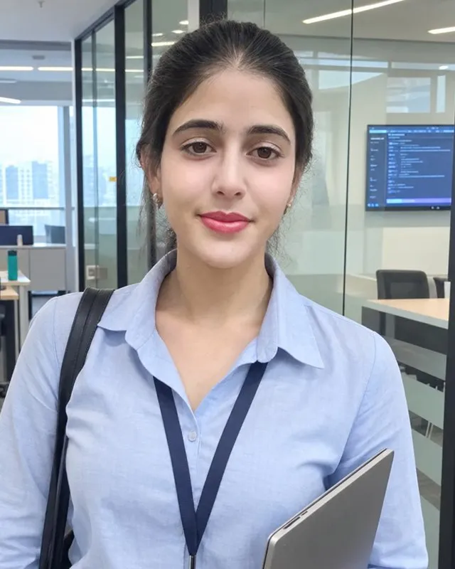 Swathi in a light blue shirt with a lanyard, standing in a bright office