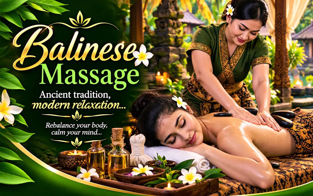 Smiling therapist kneading a guest's shoulders on a batik table, jasmine flowers scattered in front