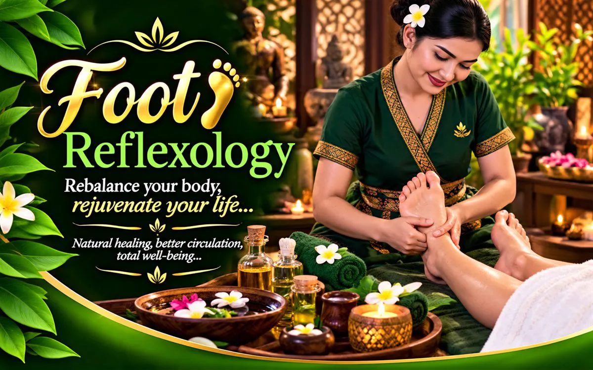 Thumbs pressing into the arch of a guest's bare foot, brass bowls of petals and oil on the table