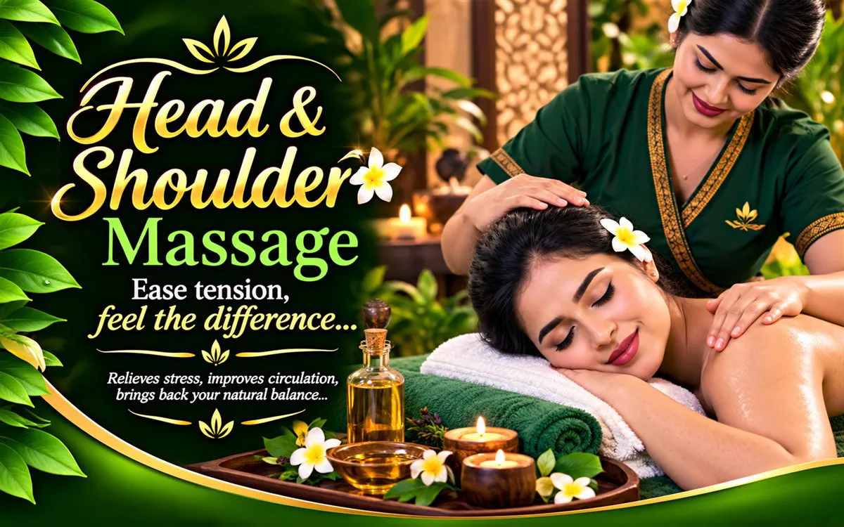 Fingertips circling a guest's temples as she rests on a rolled white towel with her eyes closed